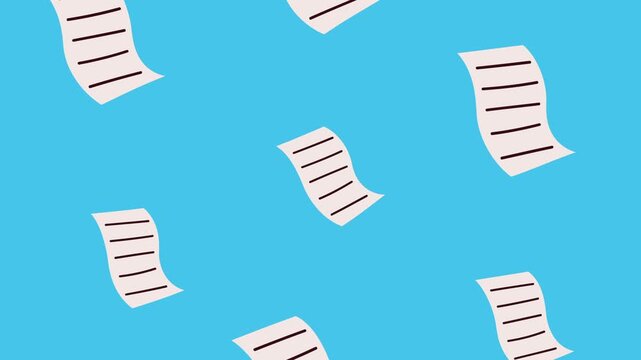 Falling papers animated on blue background, document sheets flying down, concept of information and data flow.