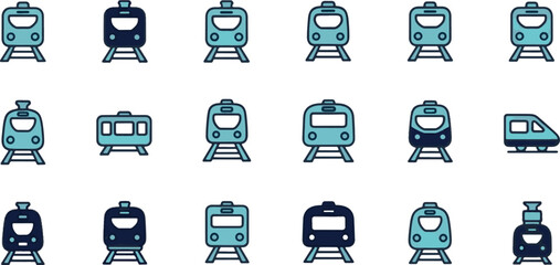 Modern blue train and subway icon set, urban railway transportation and metro vector symbols. © MAHDIHASAN