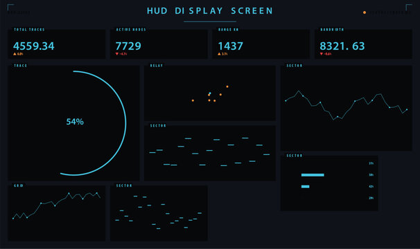 Futuristic hud display screen interface with data charts and analytics vector illustration