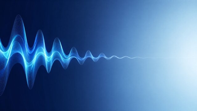 Abstract sound waves fading in amplitude, dark to light blue gradient, minimalist design.