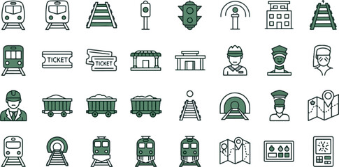 Railway transportation and subway service icon set, train travel and logistics vector symbols bundle. © MAHDIHASAN