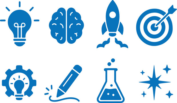 Creative concept icons, innovation symbols, business and science graphics, blue vector set