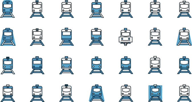 Modern blue train and metro front view icon set, urban railway transportation vector symbols bundle.