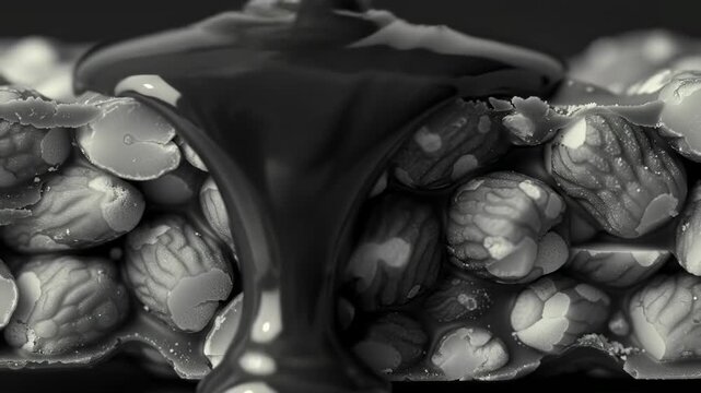 Black and white macro image of nuts in a bar with chocolate dripping down