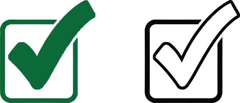 Green check mark icon and black outline check box sign for task completion and approval symbols Vector