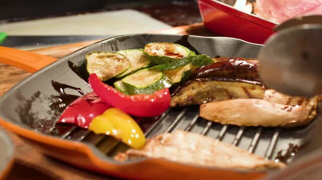 Grilled Vegetables and Roasted Ham Served in a Cast Iron Pan