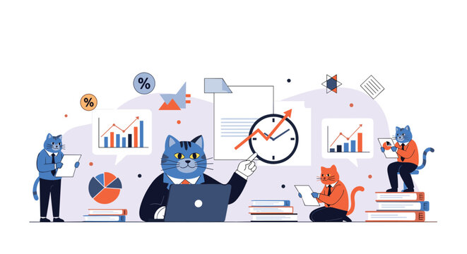 Group of cat characters in business suits working in office setting with data charts and laptops on desks for humor.