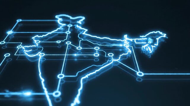 Digital Map of India with Neon Connections and Nodes.