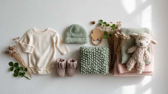 Flat lay of organic baby clothes and accessories in soft, neutral tones with dried flowers
