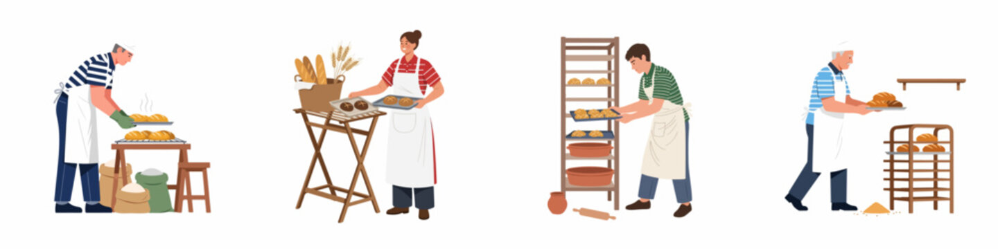Illustration of professional bakers in a bakery, showing men and women handling fresh bread trays and flour sacks in a flat vector style.
