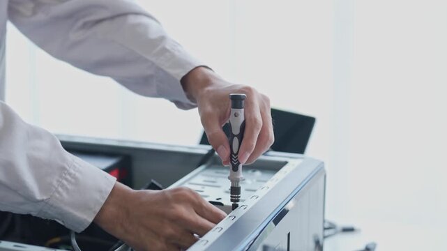 Asian man using screwdriver maintenance computer