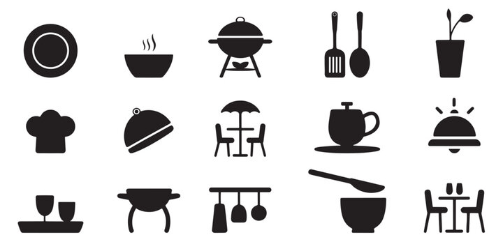 Flat restaurant and Hotel kitchen logo equipment symbols featuring cooking pots spatulas plates table settings and cafe beverage icons silhouette