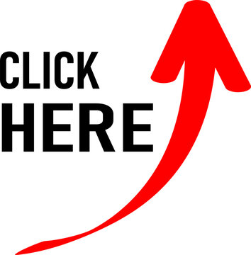 Red click here arrow button with bold text on transparent background