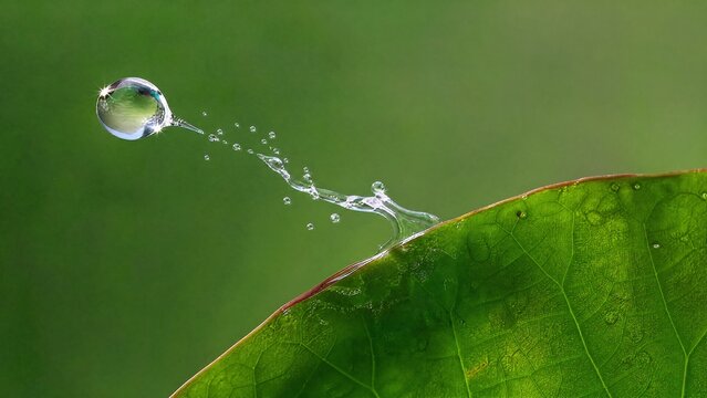 Water droplet launching from green lotus leaf, macro detail of splash.