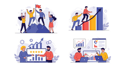 Naklejka premium Four scenes showing business success and teamwork with employees climbing charts and analyzing data in modern office.