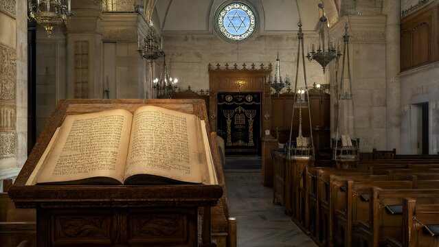Empty synagogue interior with wooden lectern and ancient scripture, soft window light.