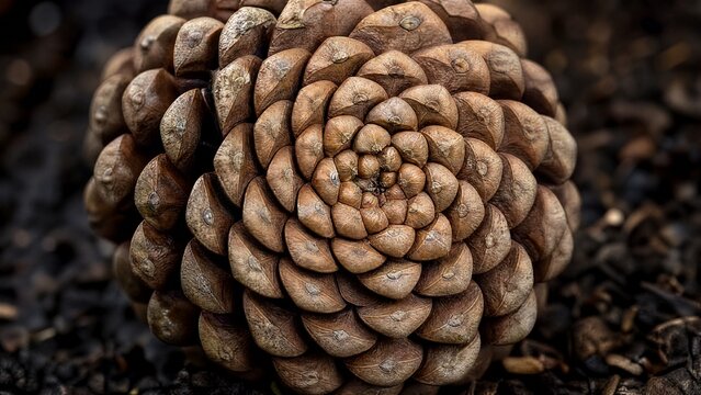 Extreme close-up of a pinecone on soil, focusing on its Fibonacci spiral pattern of scales.