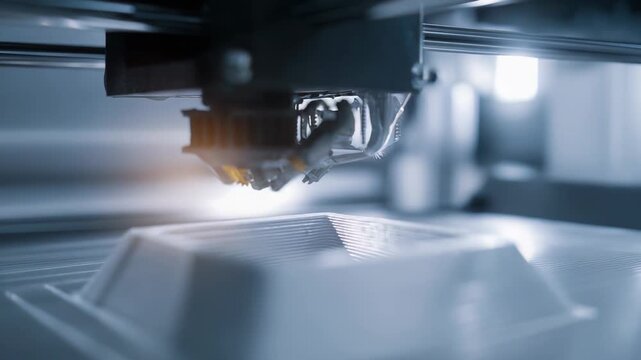 3d printer nozzle extruding layers of white plastic filament, precisely building a physical object on the heated bed, illustrating modern manufacturing and engineering innovation
