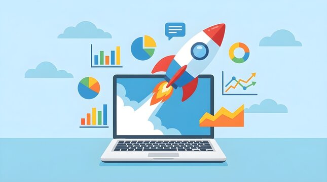 Flat Design Rocket Launching from Laptop with Data Graphs