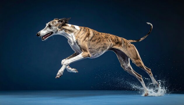 A brown and white dog is running.