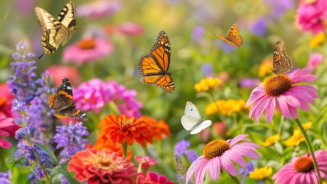 Butterflies fluttering among bright summer flowers in a garden.