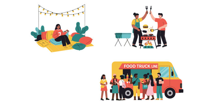 Outdoor leisure and dining experiences showing a woman relaxing under lights, a couple barbecueing, and a group at a food truck.