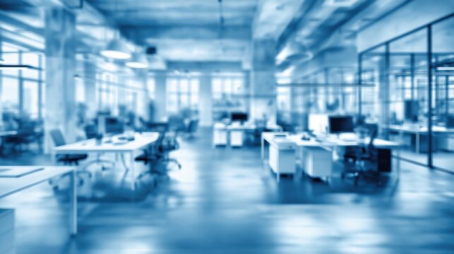 Modern open plan office interior with desks, chairs, and glass partitions in a bright, contemporary workspace environment