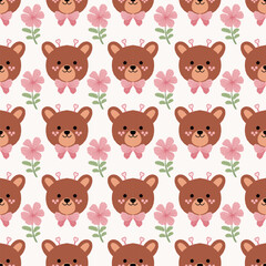 Obraz premium Cute teddy bear and pink flowers hand drawn seamless pattern. Whimsical bear character and floral sketch repeatable background