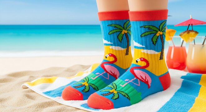 a pair of tropical vacation socks. The socks have vibrant flamingo and palm tree motifs in white thread stitching. The pair of socks are laid on a sandy beach towel with ocean and tropical drinks