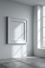 Fototapeta premium Empty White Square Frame Hanging on a Modern Wall with Natural Sunlight Streaming Through a Large Window