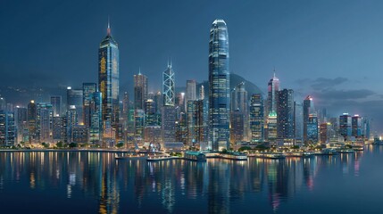 Fototapeta premium Modern illuminated cityscape skyline at dusk with reflections on the water