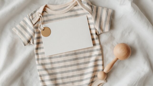 Newborn baby's striped organic cotton bodysuit with blank tag and wooden rattle on soft white fabric, overhead view