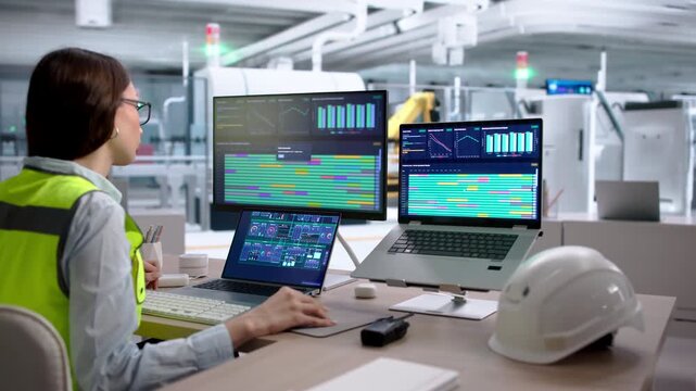 Woman Operator Monitors Modern Factory Process