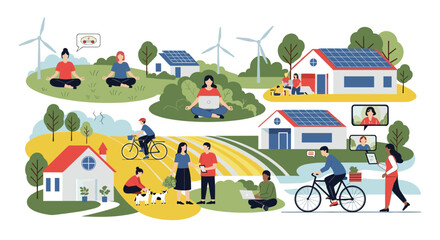 Naklejka premium Eco friendly smart village concept showing sustainable living with wind turbines and solar panels integrated into a modern green community.