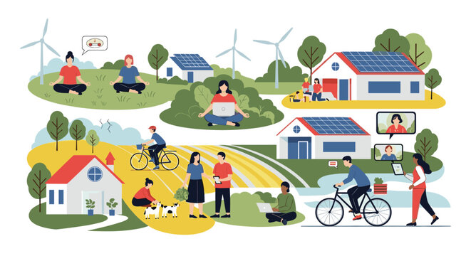 Eco friendly smart village concept showing sustainable living with wind turbines and solar panels integrated into a modern green community.