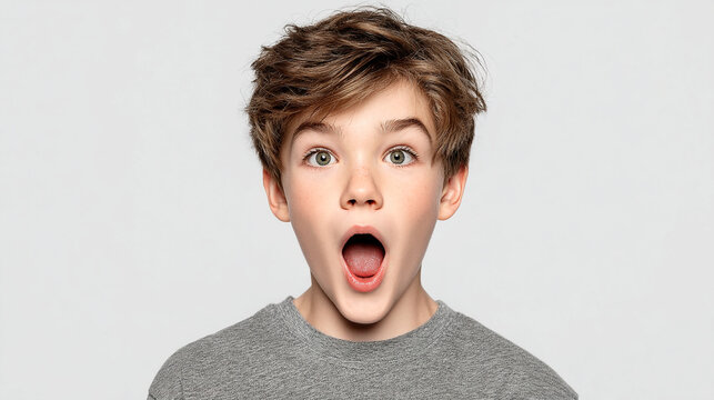 Shocked young boy with open mouth and surprised facial expression posing against a gray background