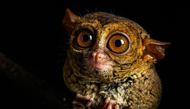 A tarsier with large eyes looking forward.