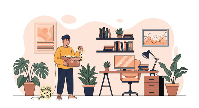 Young man organizing and decorating his cozy home office workspace while holding a box of tangled decorative string lights.