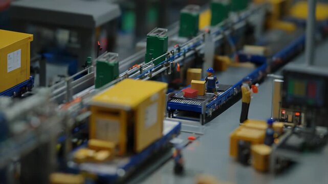 Miniature worker figures managing the sorting and packaging of boxes on a conveyor system in a model factory, illustrating efficiency, automation, and supply chain concepts
