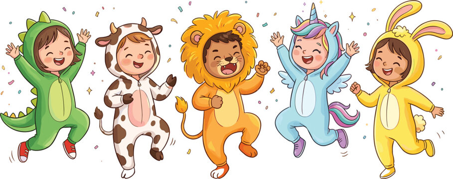 Happy Kids Wearing Animal Costumes Collection with Dinosaur Cow Lion Unicorn and Bunny Cartoon Vector Illustration