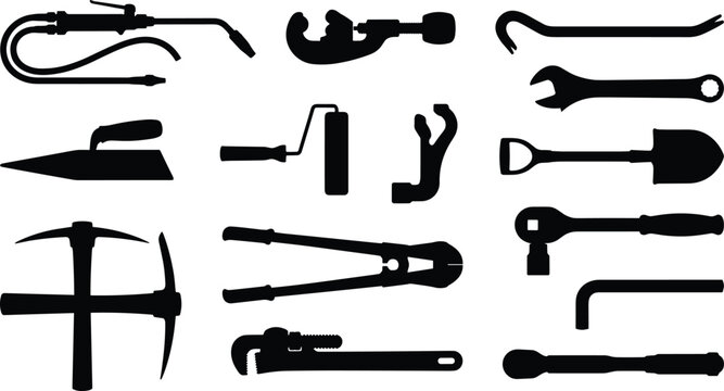 Industrial manual hand tools silhouette set including blowtorch pipe cutter bolt croppers crowbar trowel paint roller pickaxe pipe wrench and socket spanner