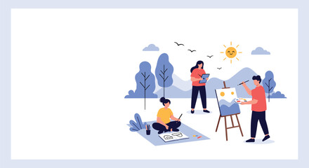 Obraz premium Group of creative artists enjoy painting and drawing outdoors in a beautiful sunny park surrounded by blue trees and nature.