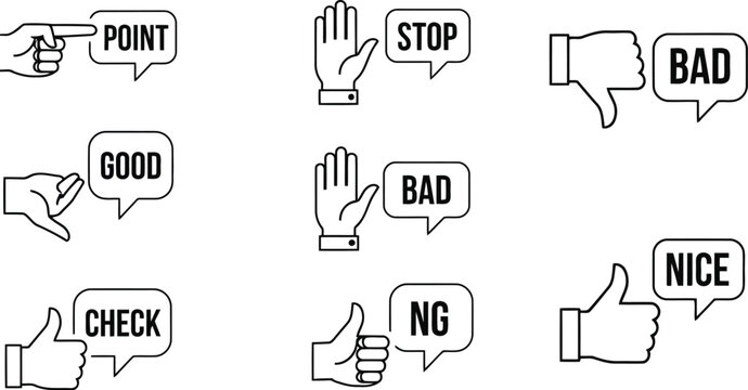 Set of icons showing hands giving feedback with speech bubbles point stop good bad check nice thumbs up down.