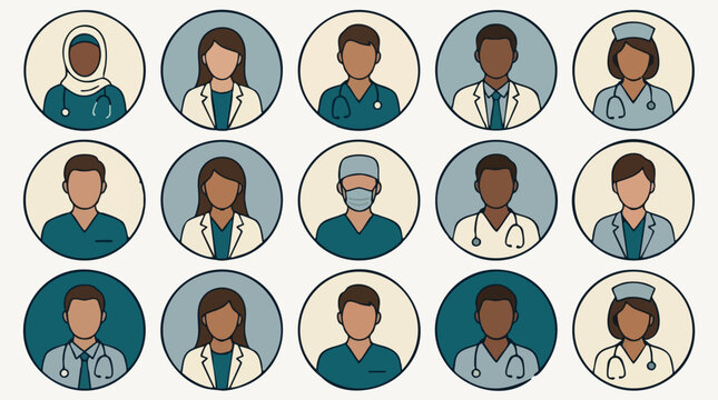 Diverse healthcare professionals icons: doctors, nurses, medical staff avatars