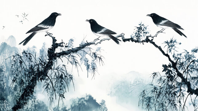 Chinese ink wash painting three magpies perched on treetops in spring one spreading wings to fly away two lowering heads staying still surroundings light mist traditional landscape art ink wash techni