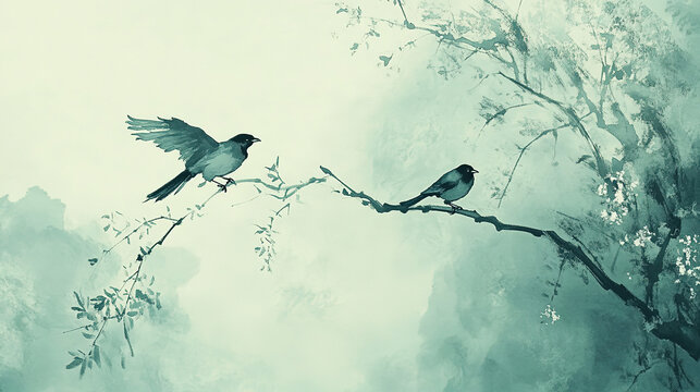 Spring Chinese ink painting three magpies perched treetops one spreading wings to fly two still light mist surrounding landscape style greenish blue hues delicate soft brushwork high angle bird eye vi