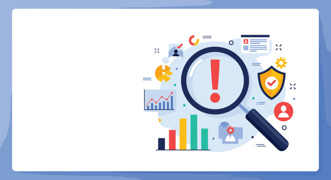 Comprehensive data analysis and security monitoring concept features a magnifying glass over a red exclamation point.