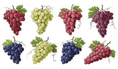 Assorted ripe grapes isolated on white in clean vector illustration style