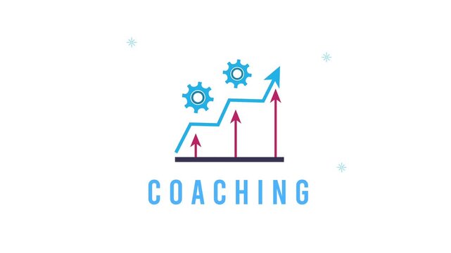 Animated coaching and growth business infographic showing upward arrow with gear icons and statistical chart on white background.
