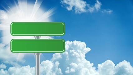 A green road sign stands against a bright sunny blue sky with fluffy clouds. © elfatih